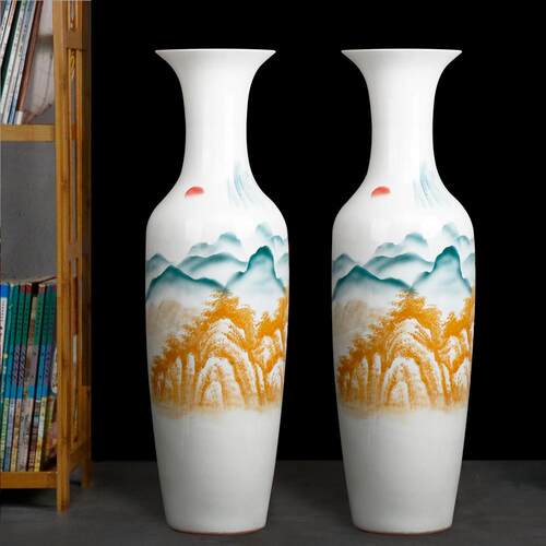 陶瓷摆件手绘写意插花花瓶中式镶嵌客厅落地装饰现代大新山水大