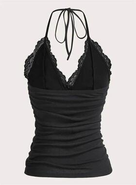 Goth Grunge Punk Black Lace Patchwork Halter Top Women Summe