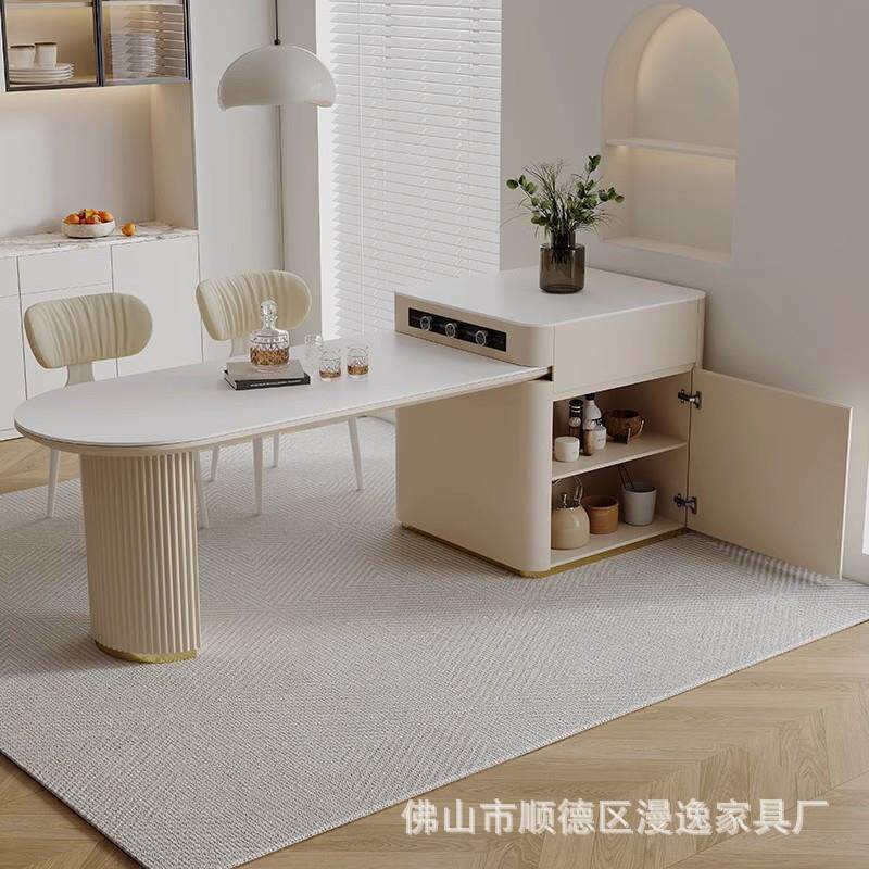 奶油风岩板岛台餐桌一体家用可伸缩小户型法式轻奢高级中岛台半圆图片
