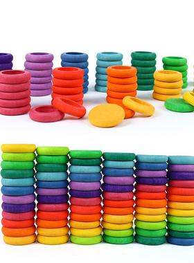 彩虹积木木制儿童颜色配对彩色圆饼圆环男孩女孩益智早教玩具