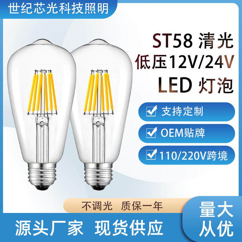 ST58低压球泡DC12V24V直流交流LED灯丝灯泡6W复古爱迪生光源跨境