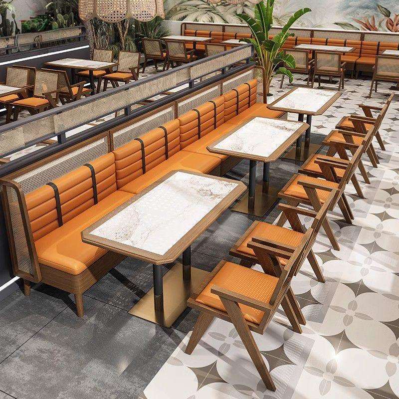 东南亚风餐桌卡座沙发实木编藤桌椅组合商用靠墙茶楼港式风餐桌椅