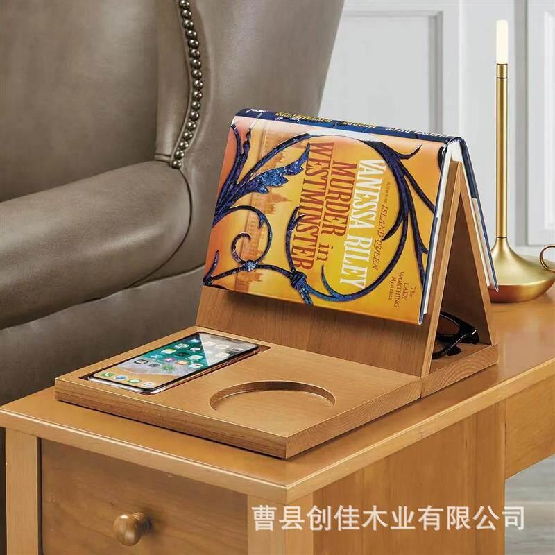 办公桌面阅读书架实木三角形书页书签置物架木质书本倒立杯托支架