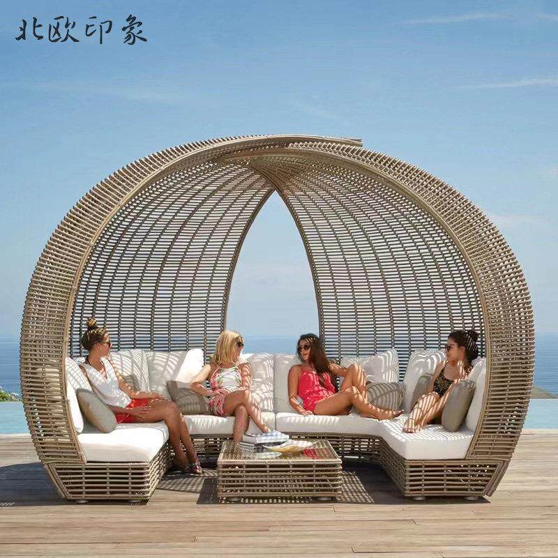 户外藤编沙发组合设计师室外庭院花园躺床度假村鸟笼圆床室外家俱
