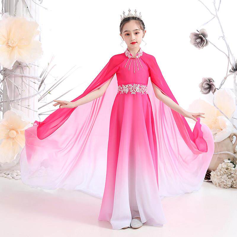 高档女童古筝服演出服中国合唱团服女童走秀拖尾晚装礼儿童中式礼