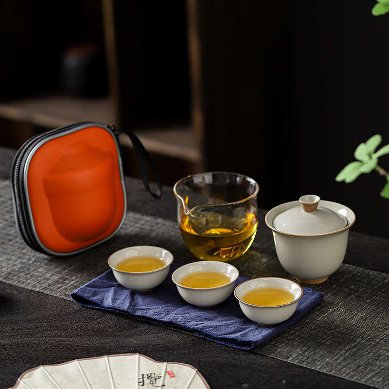 旅行功夫茶具粗陶盖碗一壶三杯便携式礼品送小套装复古快客泡茶杯