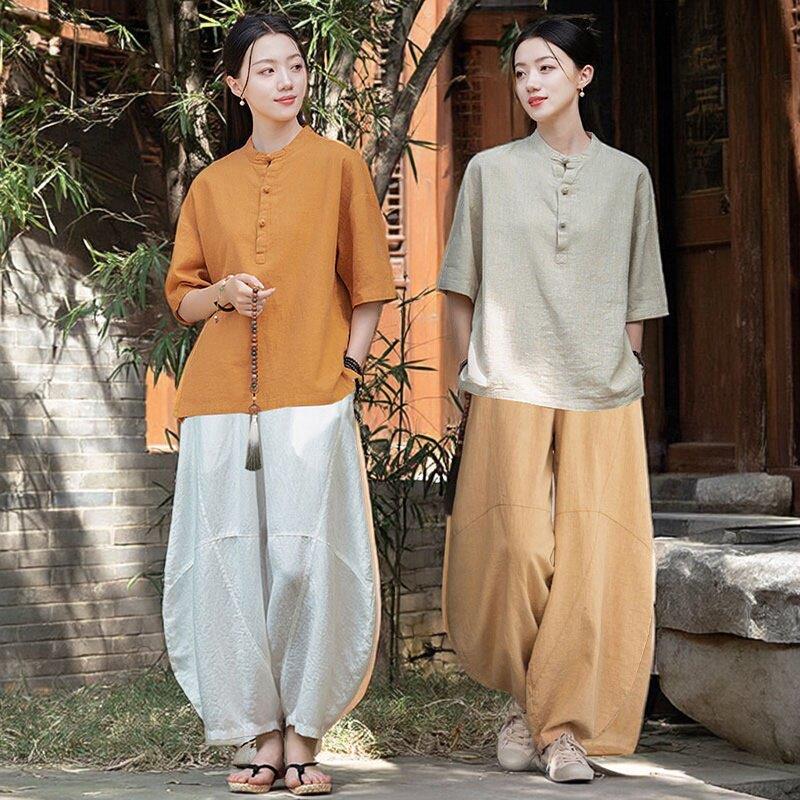 棉麻八段锦练功服套装女夏季宽松中国风太极服寺院禅修打坐居士服