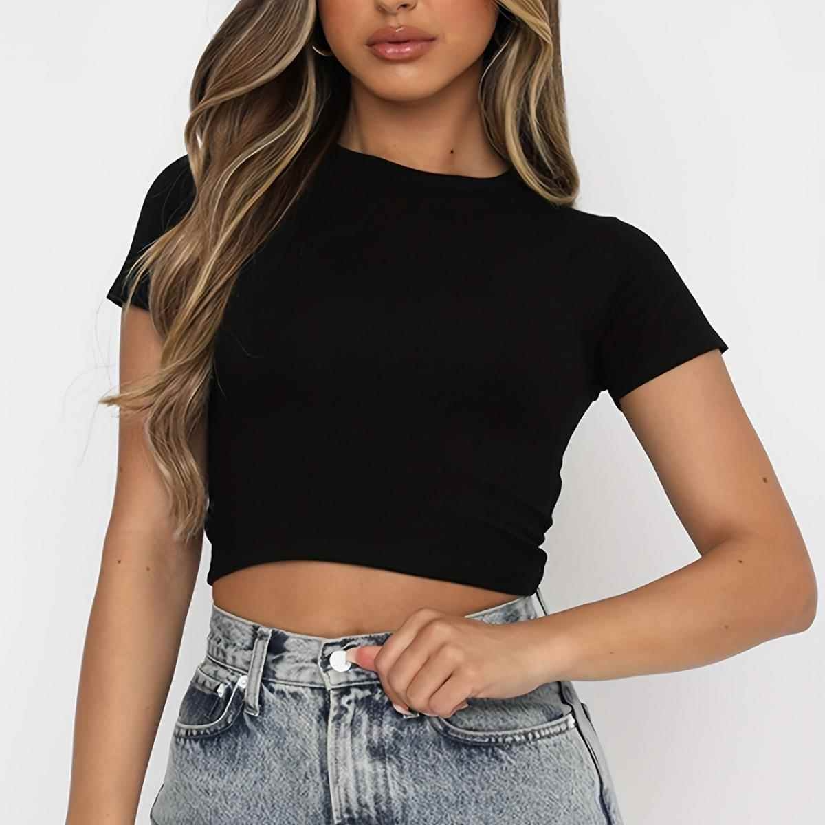women for T-shirt neck round slim rayon top belly-baring