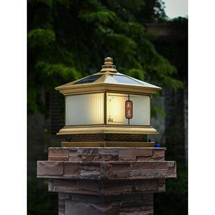 全铜太阳能柱头灯户外围墙庭院灯别墅花园中式门柱灯大门口柱子灯