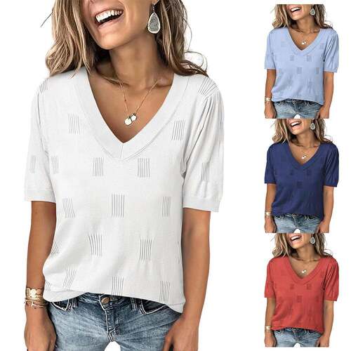 Women's Plain V Neck Ribbed Knit Sweater Casual Long Sleeve