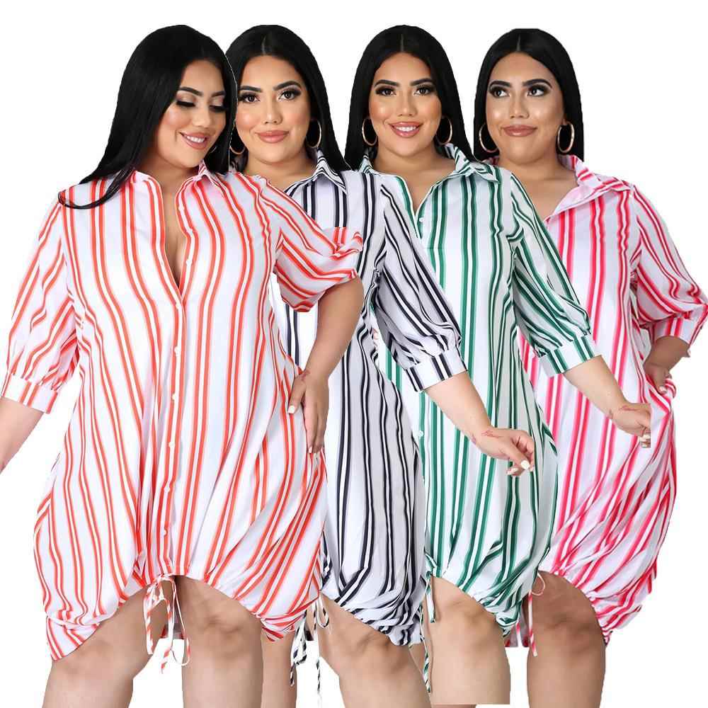 dress long woman fat size plus loose striped lapel womens