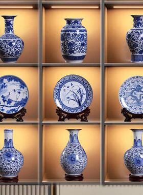新中式茶室酒店博古架高档陶瓷器花瓶插花摆件青花瓷彷古装饰品