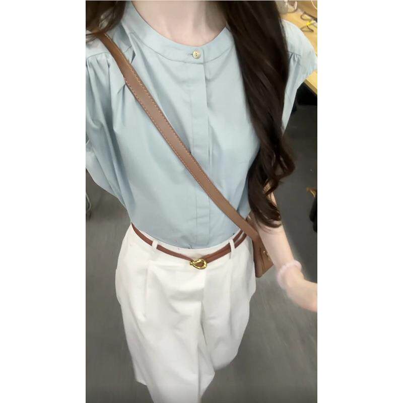 蓝色袖KOE衬长衫女无2025年夏季新设感小众上衣高腰休闲百搭半计