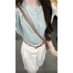 蓝色袖KOE衬长衫女无2025年夏季新设感小众上衣高腰休闲百搭半计