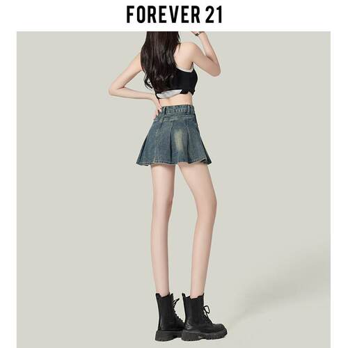 Forever21复古蓝百褶牛仔短裙 高腰梨形身材A字短裙