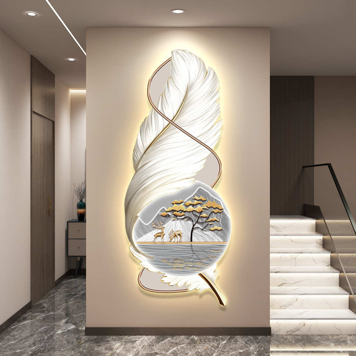玄关奢感羽毛壁画正高级走廊对门挂画入户灯led带过道轻装饰画