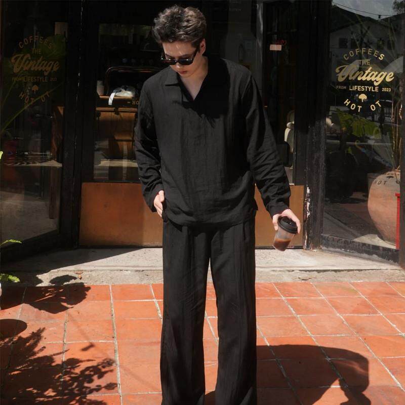 韩国CHIPOTLE老钱风亚麻套装男士2025秋季薄款棉麻长袖polo衫长裤