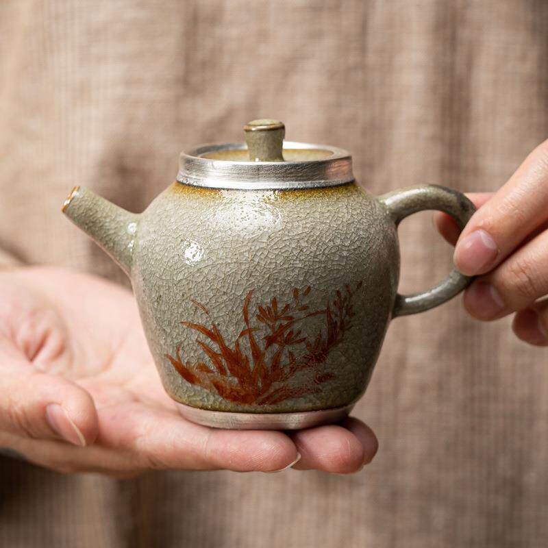 贵器冰花釉兰花壶仿古粗陶泡茶壶中式复古国风茶具陶瓷茶器冰裂釉