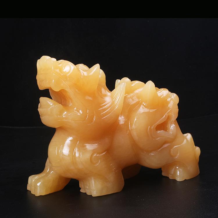 米黄玉双兽貔貅摆件一对客厅玄关礼品大皮丘