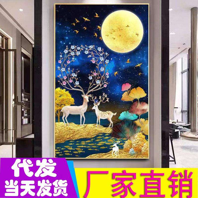 竖版发财鹿十字绣新款线绣客厅大幅银杏叶麋鹿十字绣