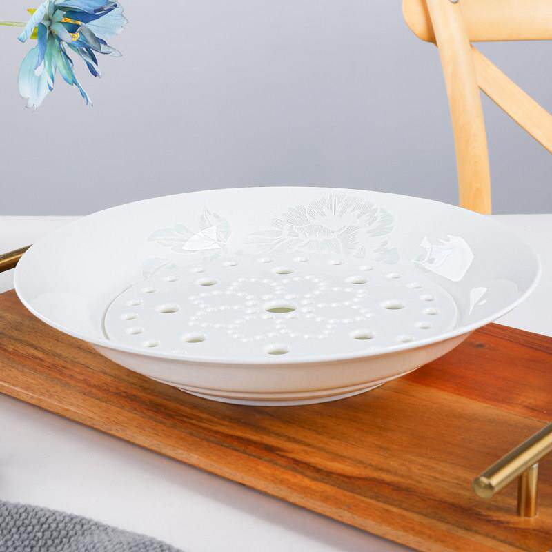 俏宴家用骨瓷水饺盘圆形双层沥水盘创意陶瓷大号水饺盘子两用餐盘