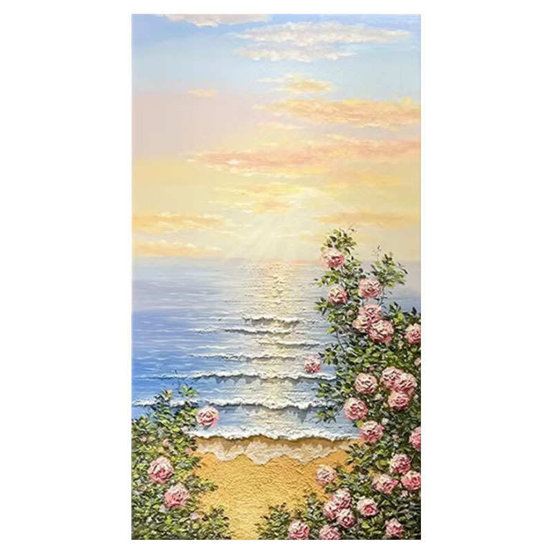 手绘油画日出海景玄关装饰画现代轻奢沙滩花卉风景法式高级入户画