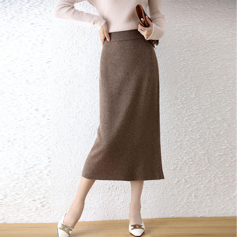 新款100%纯羊毛半身裙女中长款高腰显瘦秋冬针织包臀裙百搭一步裙