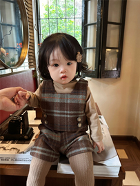 韩范童装冬季女童复古毛呢，套装洋气婴童宝宝格子，坎肩马甲+短裤