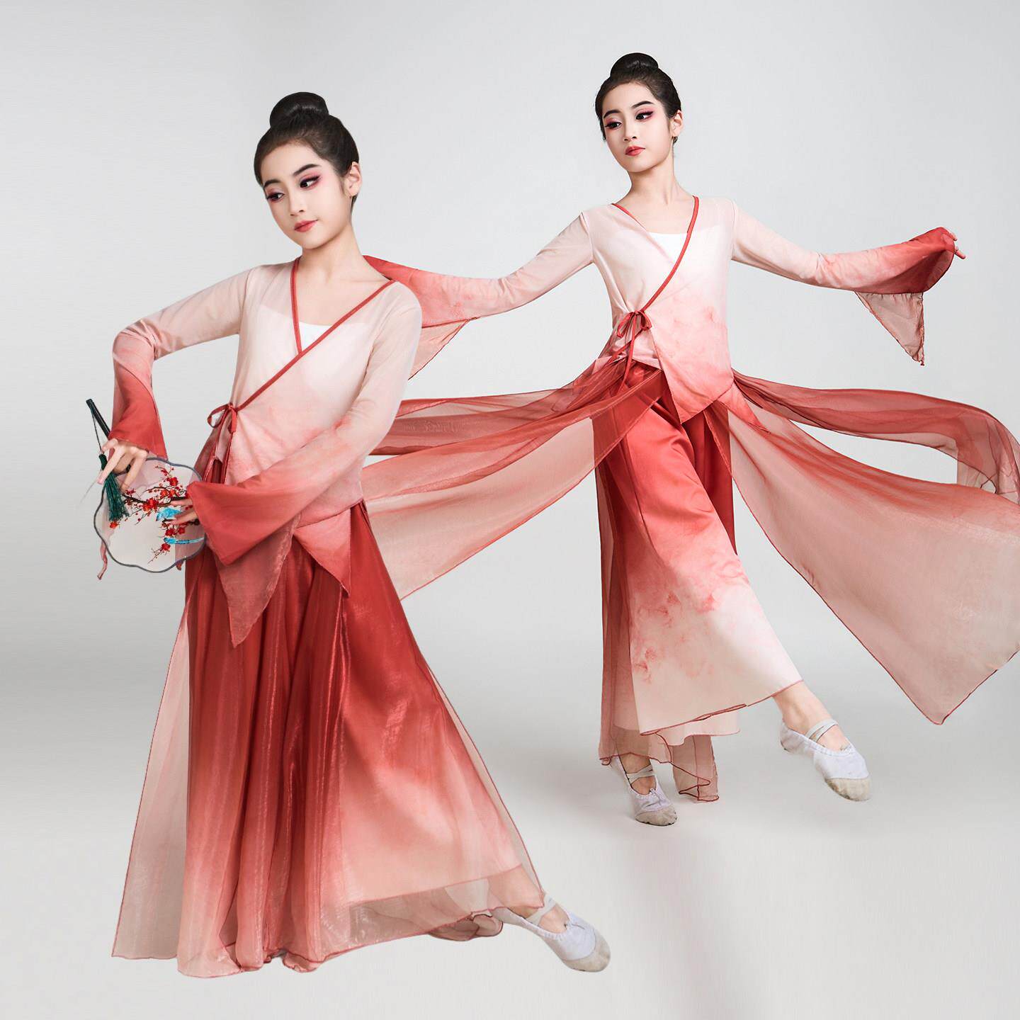 儿童古典舞蹈演出服女凤凰红渐变色飘逸纱衣中国风扇子舞表演服装