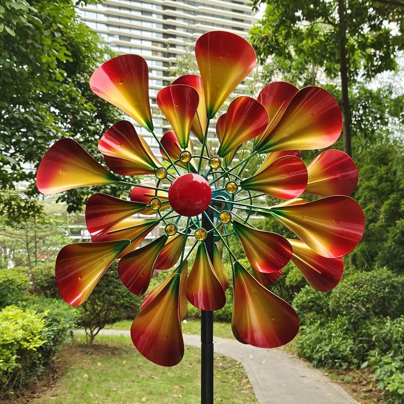 花园庭院别墅装饰品彩绘喷漆喇叭花造型铁艺风车双面旋转落地摆件