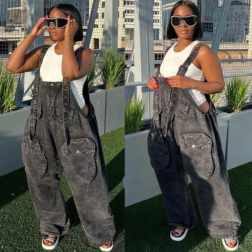 Womens Bib Denim Overalls Loose Wide Leg Jean Jumpsuit With