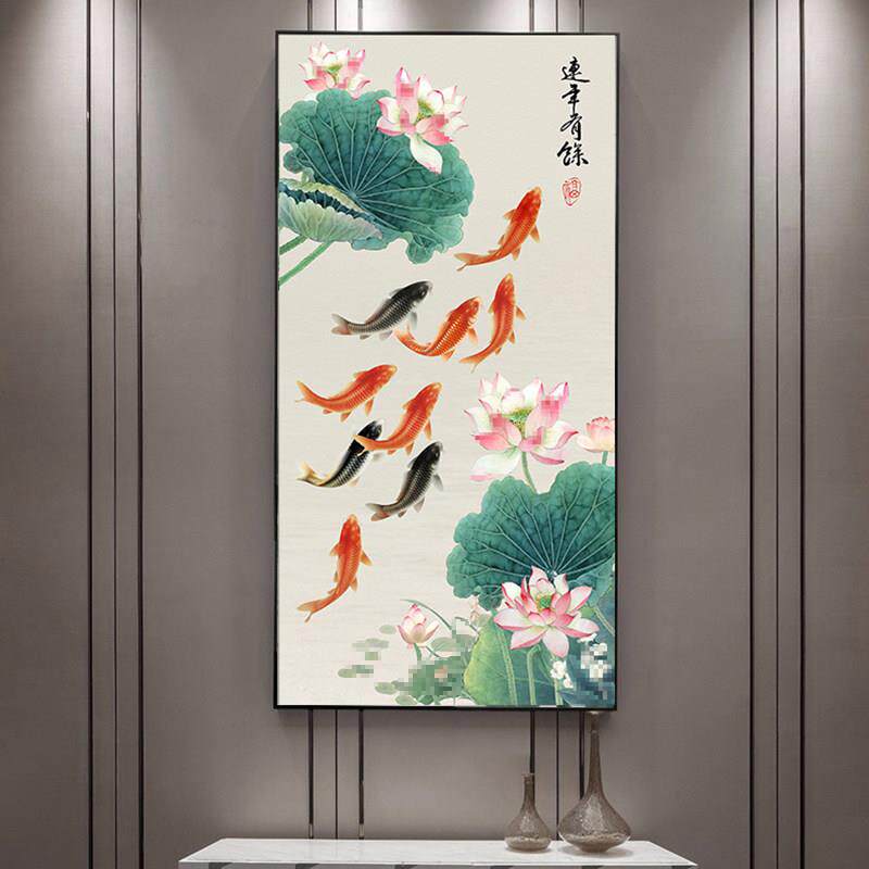 荷叶花鱼图玄关聚装饰画莲新花中AXO式尾锂鱼财竖版防水晶壁挂画