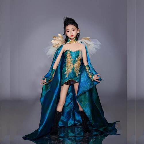 女童中国风孔雀绿国潮新中式走秀演出拍照礼服儿童T台比赛模特秀