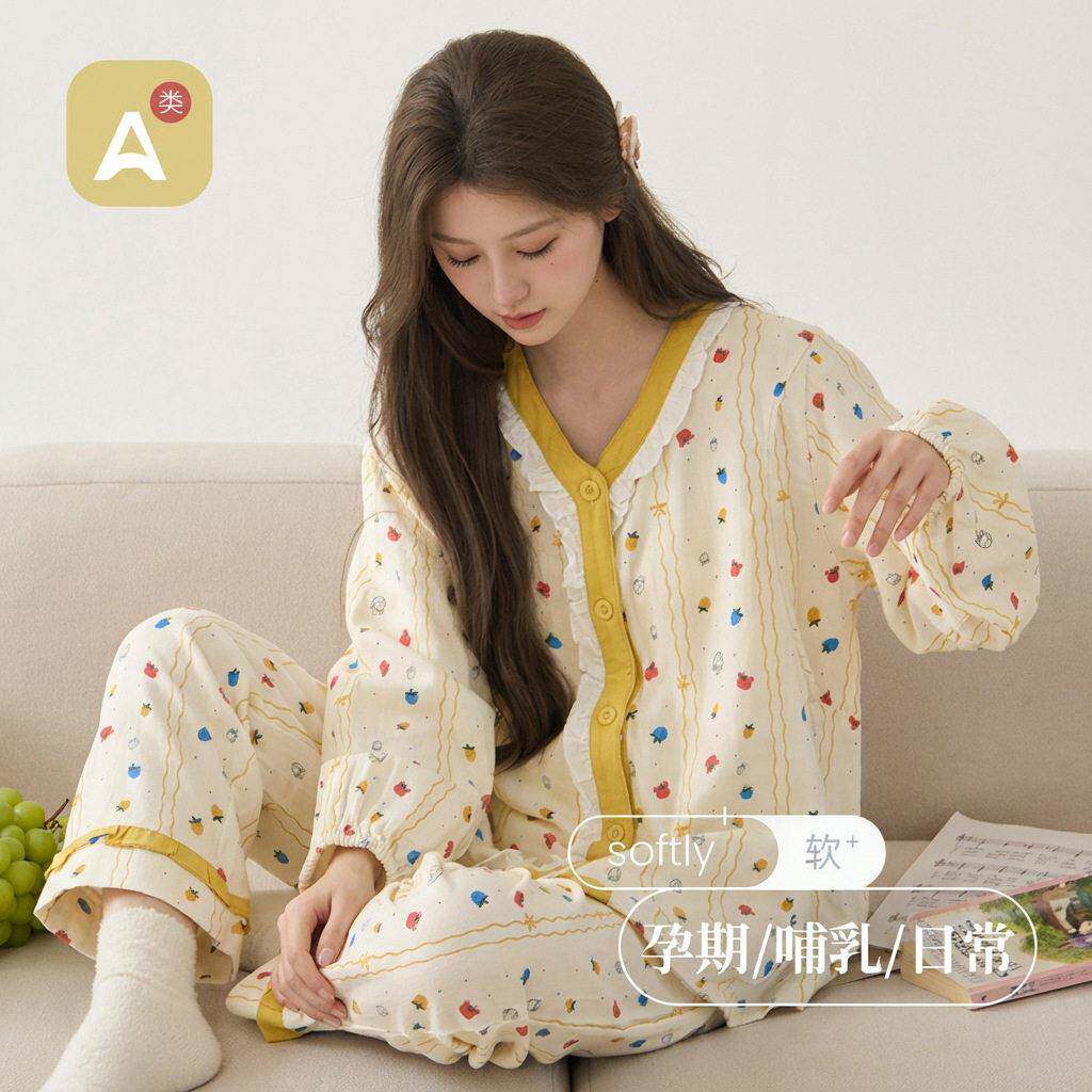 春秋冬季新款纯棉三层纱布月子服套装孕妇产前可调节产后哺乳睡衣