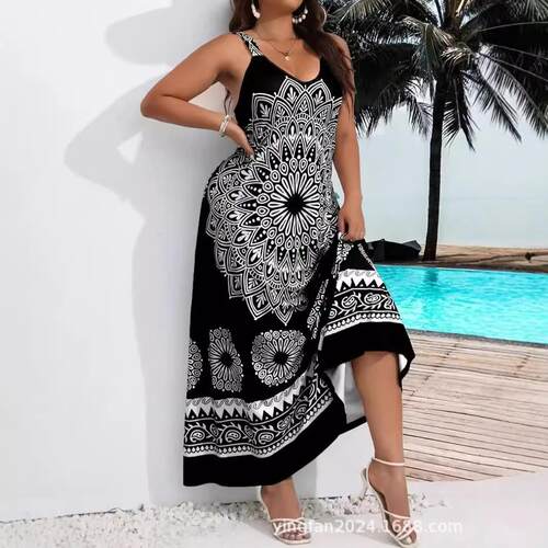 Plus Size Women's Printed Halter Dress Loose V Neck Split