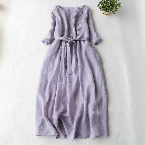 Lace up waist slimming sleeve dress for women, cotton and
