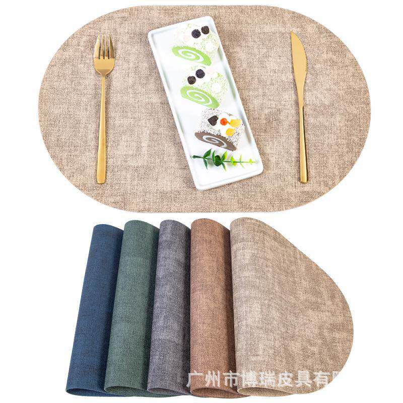 跨境皮革餐垫北欧风双面创意布纹PU椭圆西餐垫防水防油隔热垫杯垫
