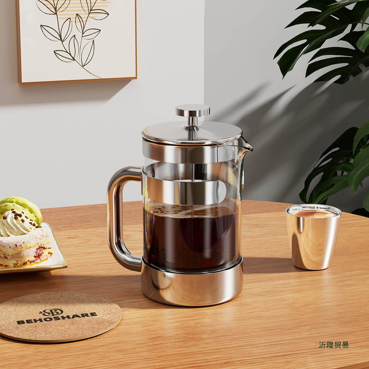 缤享玻璃法压壶咖啡壶不锈钢滤压壶家用泡茶打奶泡法式咖啡过滤器