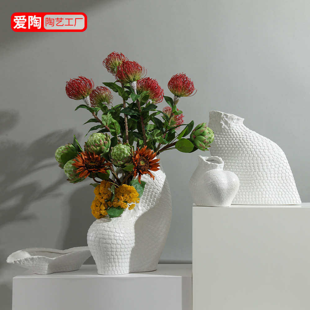大型褶皱花插花布景装饰花瓶高级陶瓷边样板房鳞片摆件感艺术器