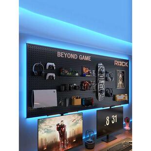 电竞房洞洞板黑色墙上置物架书房电脑桌墙面挂板隔板收纳铁艺装饰