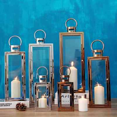 欧式不锈钢风灯复古玻璃烛台家居工艺品户外蜡烛台摆件玻璃罩