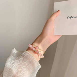 韩版 草莓粉水晶桃花运手链女学生简约串珠个性 甜美风手串