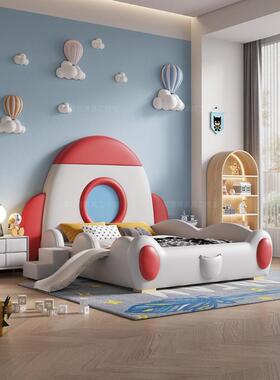 NRFK115#创意太空儿童火箭床男孩实木皮床储物家具青少年软包带围