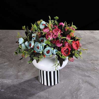 简北欧极简黑白摆条插纹线条花陶瓷花SRK瓶时尚家居约软装饰品件