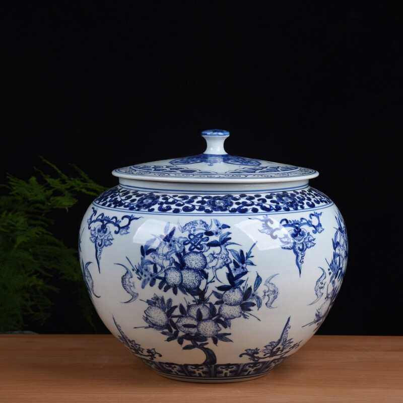 中式摆件手绘青花瓷茶叶罐家用茶缸储物罐摆件花瓶插花陶瓷工艺品