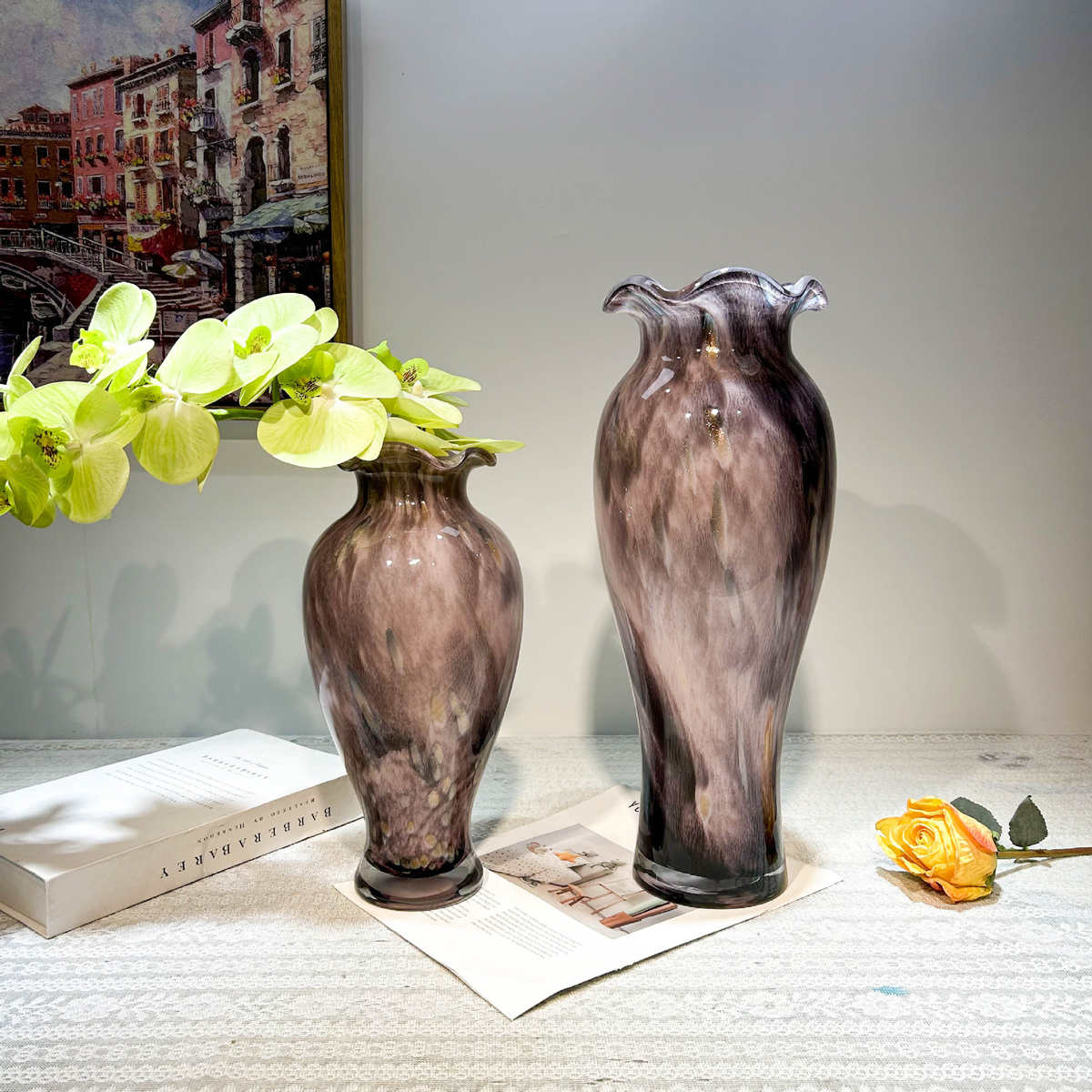 中古紫色花边口琉璃花瓶样板间客厅电视柜餐桌玄关插花摆件装饰品