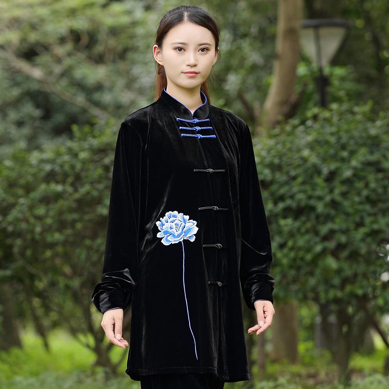 高档宏极朝绒太极服女秋冬加厚太极拳练功服功术夫装 荷花 武服南