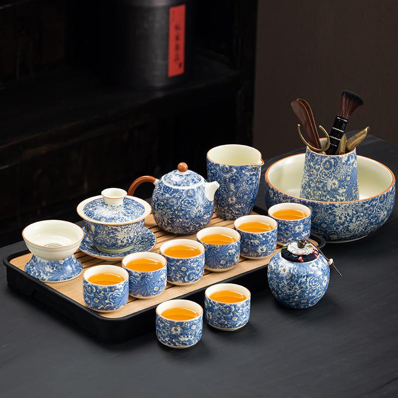 黄汝茶具套装家用陶瓷开片可养复古繁花茶壶茶杯茶盘整套功夫泡茶