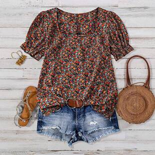 【Plus Size】 Floral Print Tie Neck Blouse Boho Casual Short