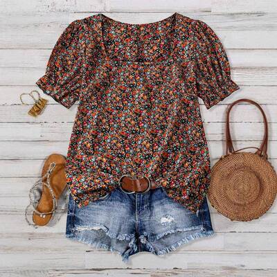 Ditsy Floral Print Blouse Shirts Casual Short Sleeve Top
